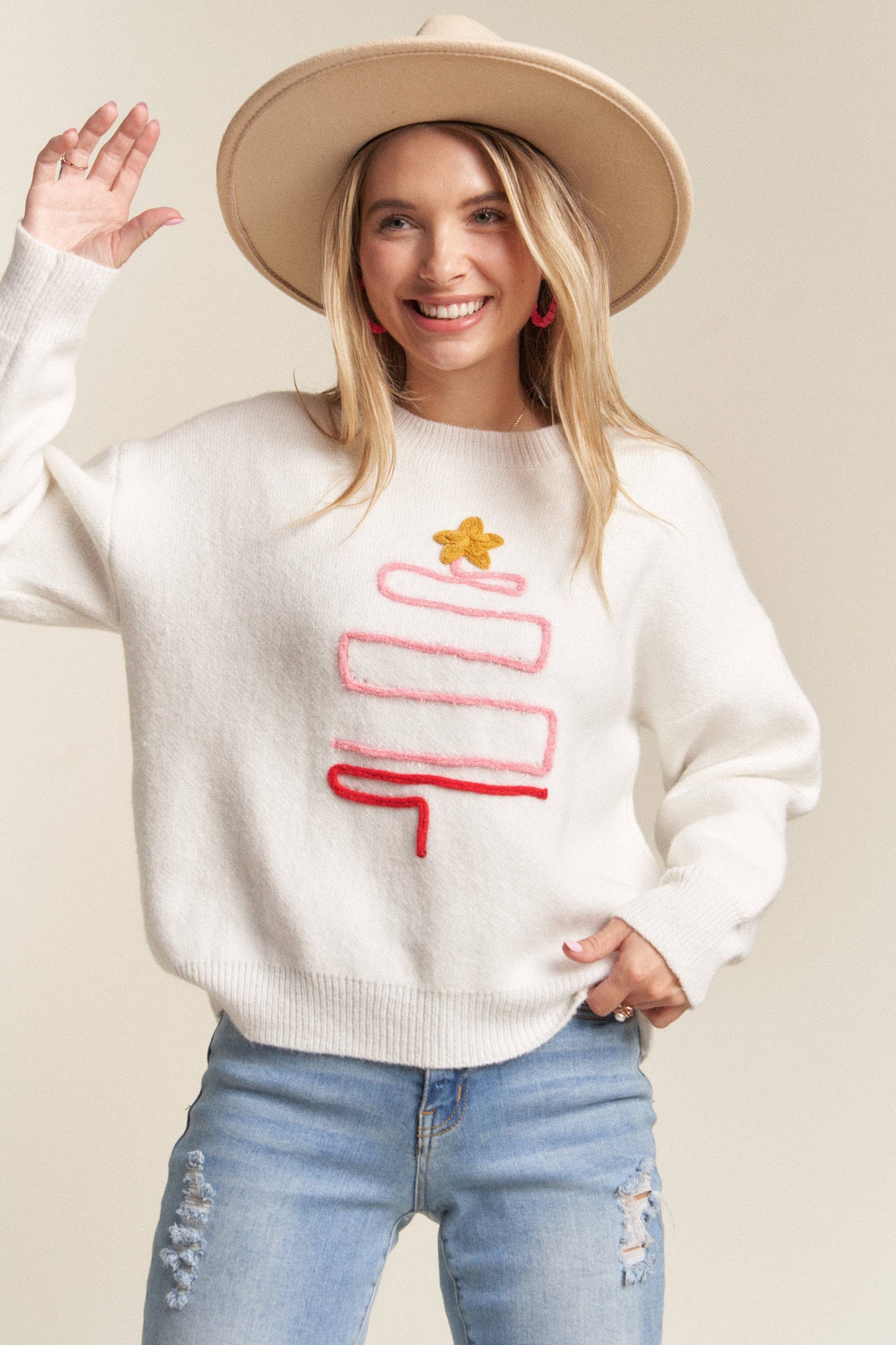 LESW3436- X-MAS TREE ACCENT SWEATER: IVORY / S-M-L(2-2-2)