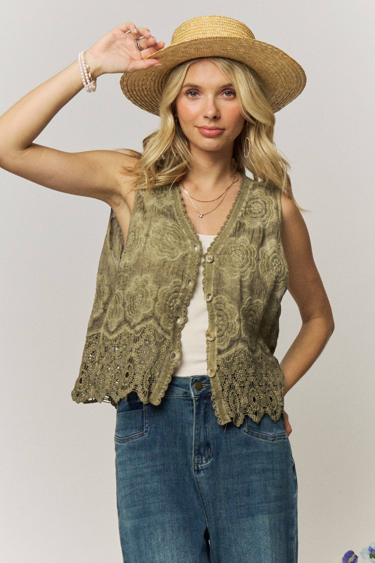 BOHO FLORAL CROCHET LACE VEST- LET4303: Beige / ONESIZE(6)