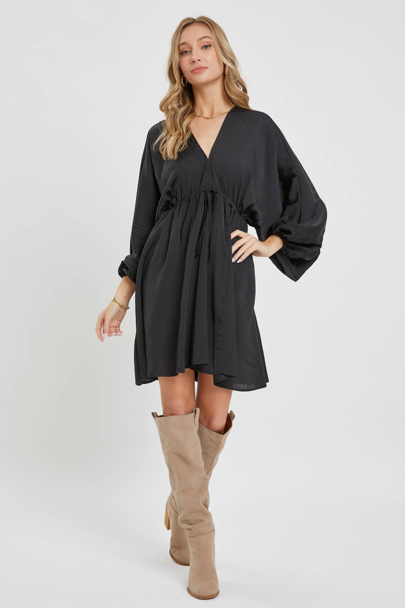 Black Satin V Neck Dress