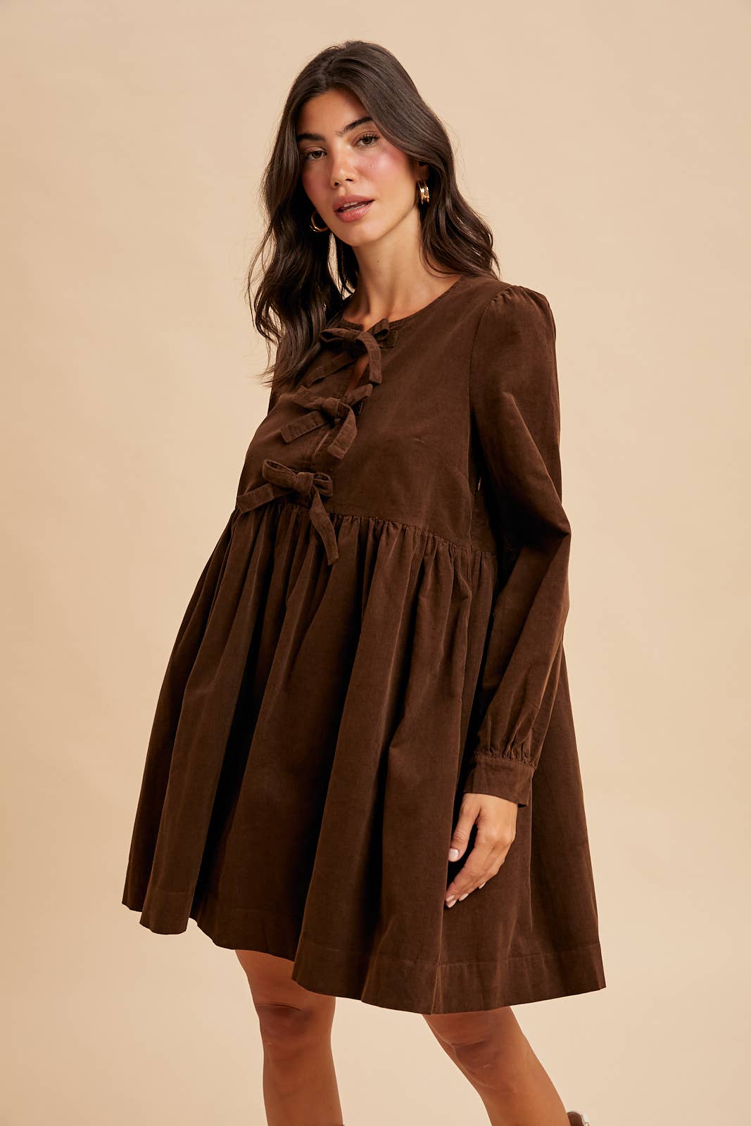 BOW TIE CORDUROY MINI DRESS: OLIVE / S