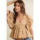POLKA DOT BUBBLE SLEEVES BACK SMOCKED LINED BLOUSE TOP: BEIGE/WHITE / L