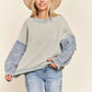LESW3192 - FRAYED DENIM SLEEVE SWEATER TOP: BLUSH / S-M-L(2-2-2)