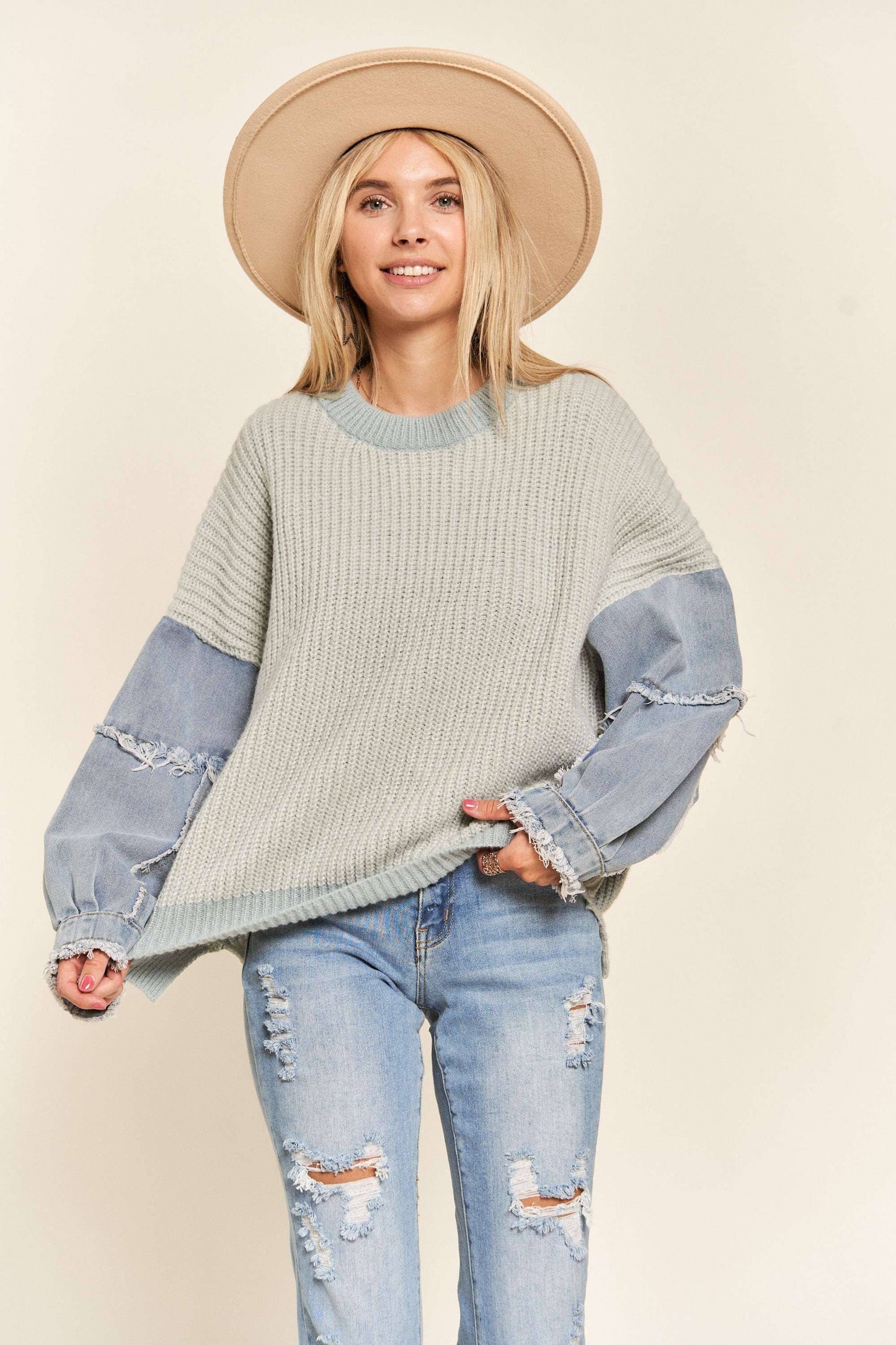 LESW3192 - FRAYED DENIM SLEEVE SWEATER TOP: BLUSH / S-M-L(2-2-2)