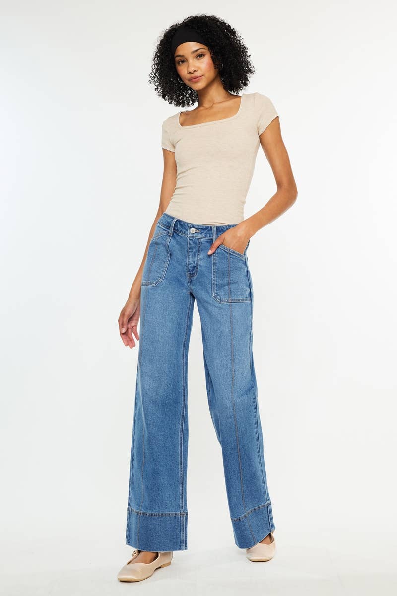 MID RISE WIDE LEG JEANS-KC70100MD: MED DARK / 3/25