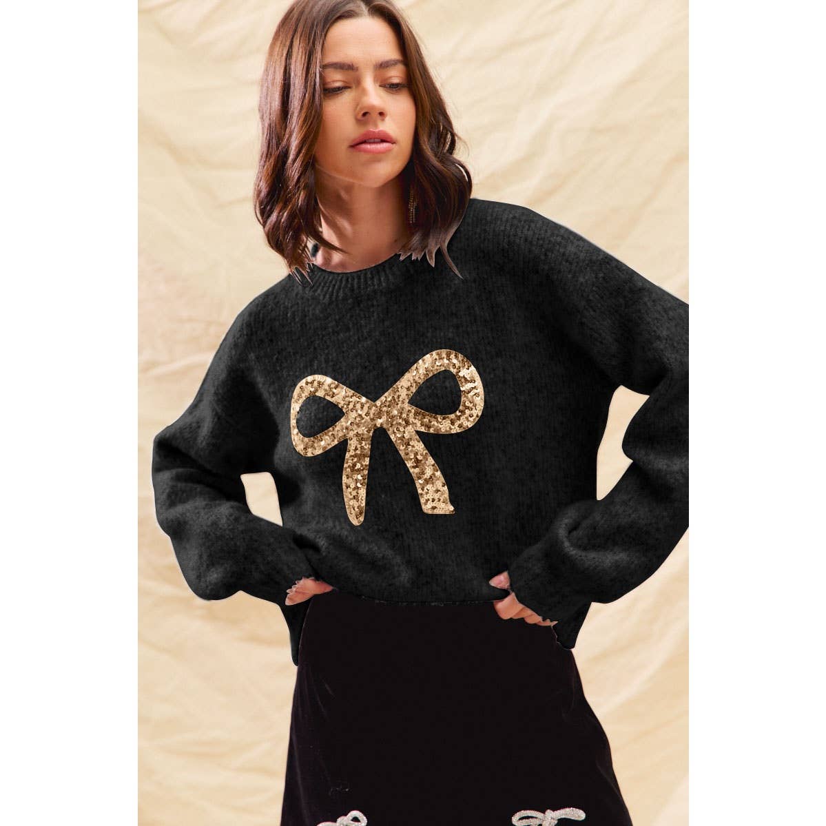 RIBBON SEQUINS CHRISTMAS HOLIDAY SWEATER TOP: LT GREY/SILVER / S