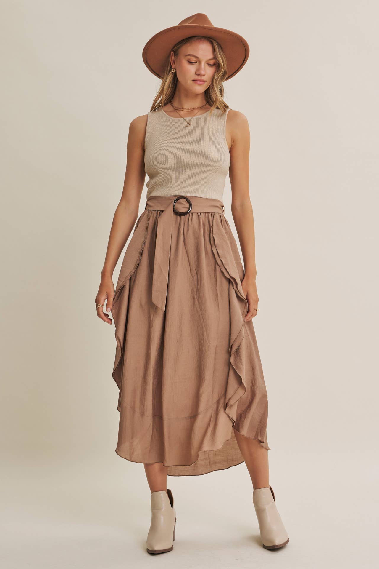 RUSTIC WEEKEND TWOFER MAXI DRESS WITH CASCADING RUFFLES: COCONUT BROWN / S