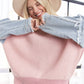 LESW3192 - FRAYED DENIM SLEEVE SWEATER TOP: BLUSH / S-M-L(2-2-2)
