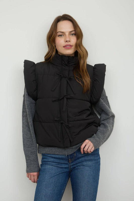 Black Flutter Bow Puffer Vest