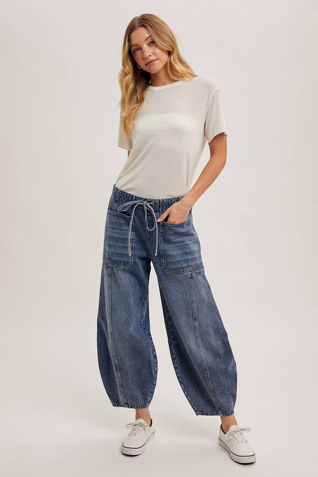 DENIM MID-WAIST DRAWSTRINGS BARREL JEANS: LT.WASH / S
