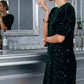 Velvet Sequin Accent Knee Dress VD82073: Grey / L