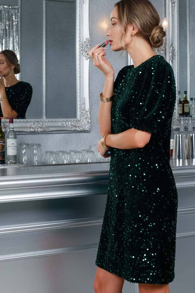 Velvet Sequin Accent Knee Dress VD82073: Grey / L