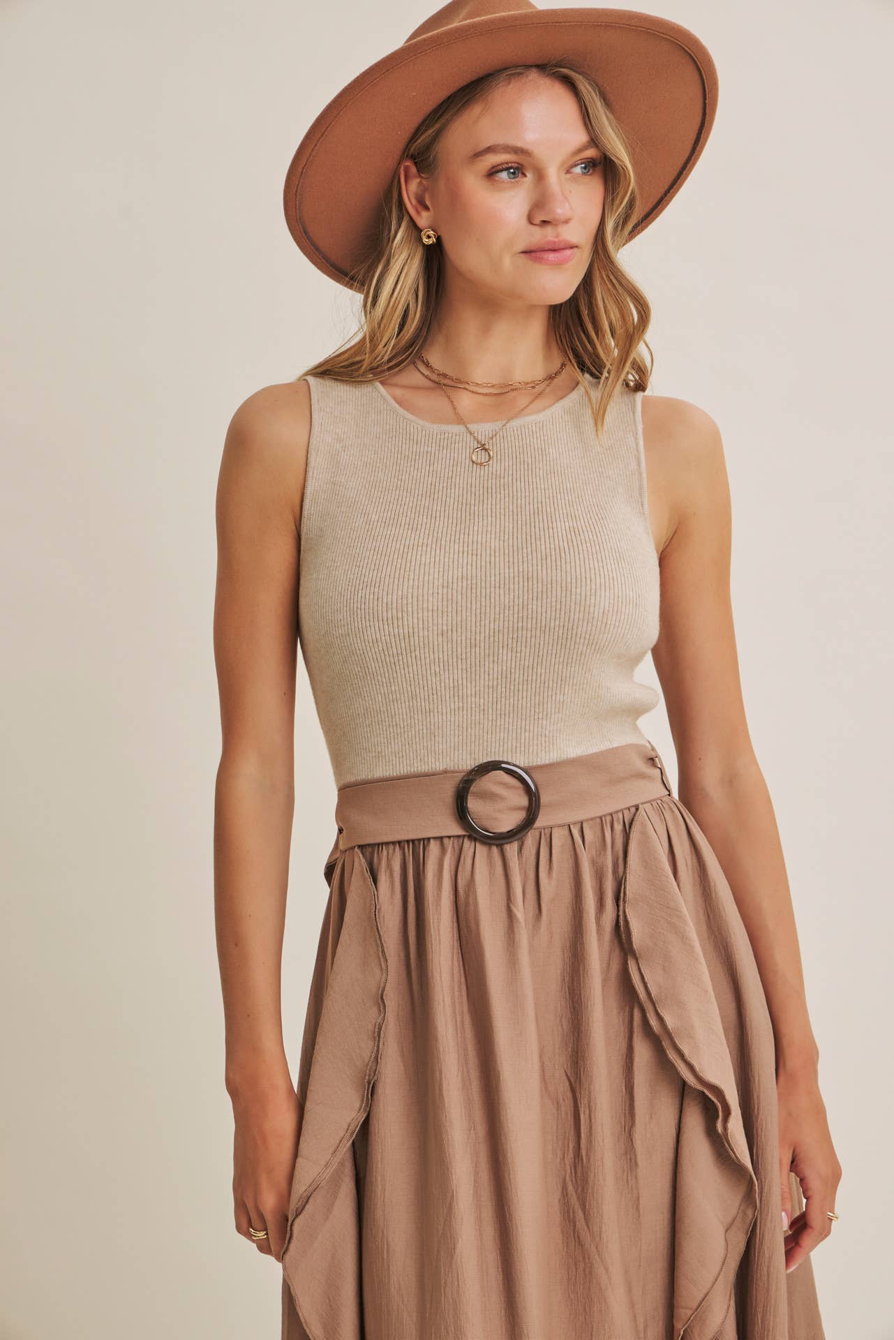 RUSTIC WEEKEND TWOFER MAXI DRESS WITH CASCADING RUFFLES: COCONUT BROWN / S