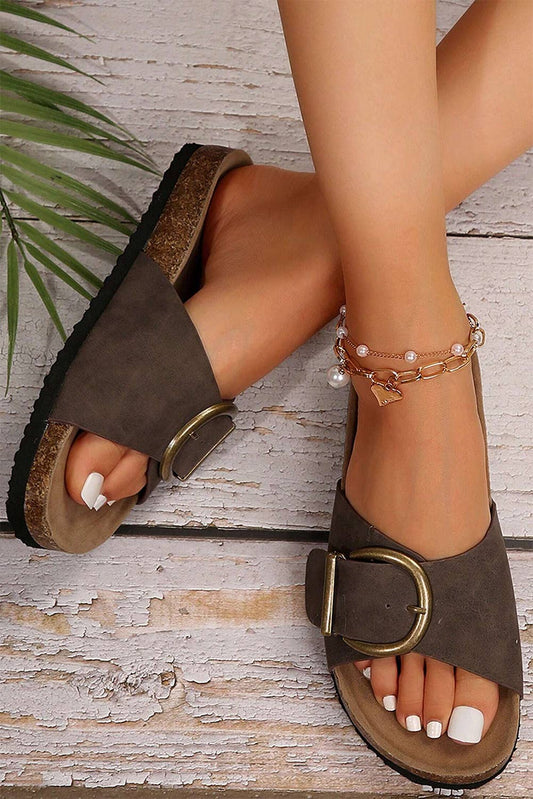 LAS Buckle Decor Faux Suede Thick Sole Slippers (37-42): Coffee / Standard / 10(42)