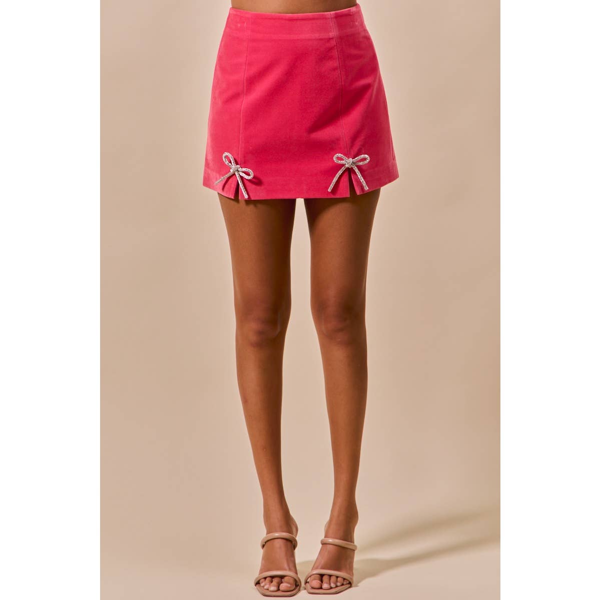 CHRISTMAS RHINESTONE RIBBON TRIM HOLIDAY VELVET MINI SKIRT: PINK / M