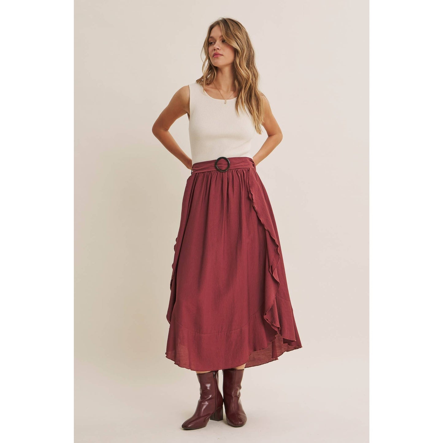 RUSTIC WEEKEND TWOFER MAXI DRESS WITH CASCADING RUFFLES: COCONUT BROWN / S