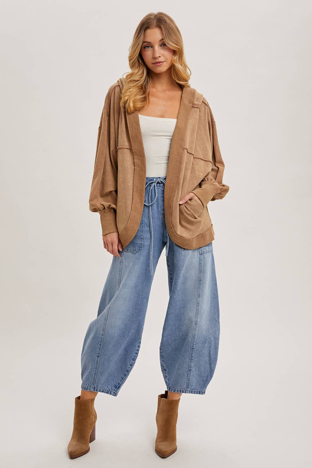 DENIM MID-WAIST DRAWSTRINGS BARREL JEANS: LT.WASH / S