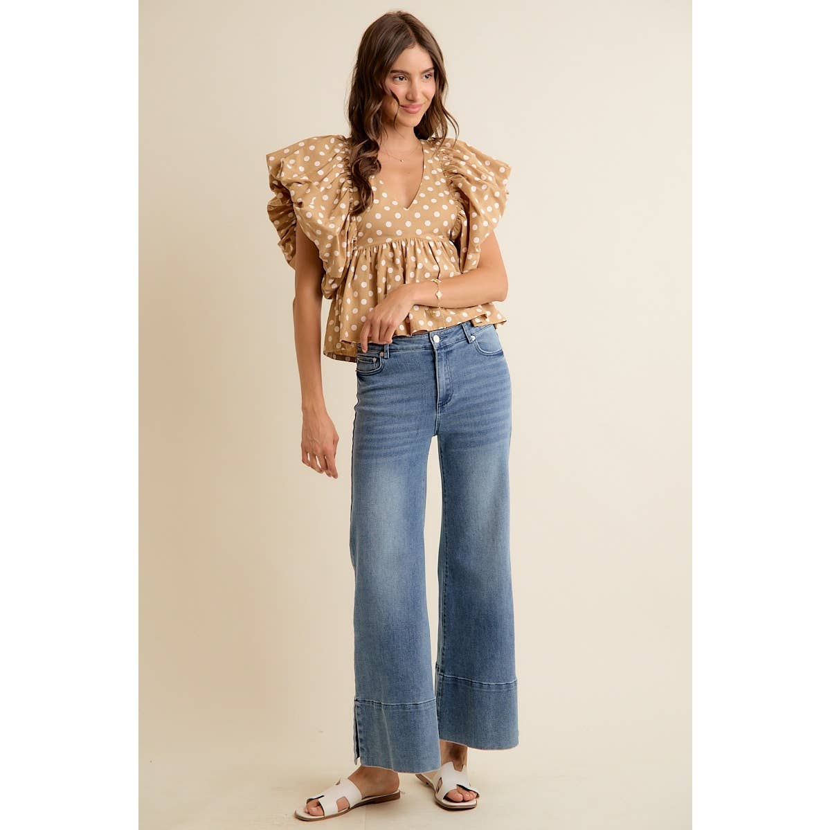 POLKA DOT BUBBLE SLEEVES BACK SMOCKED LINED BLOUSE TOP: BEIGE/WHITE / L