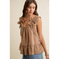 GINGHAM FLORAL APPLIQUE TIERD SLEEVELESS BLOUSE TOP: BROWN / M