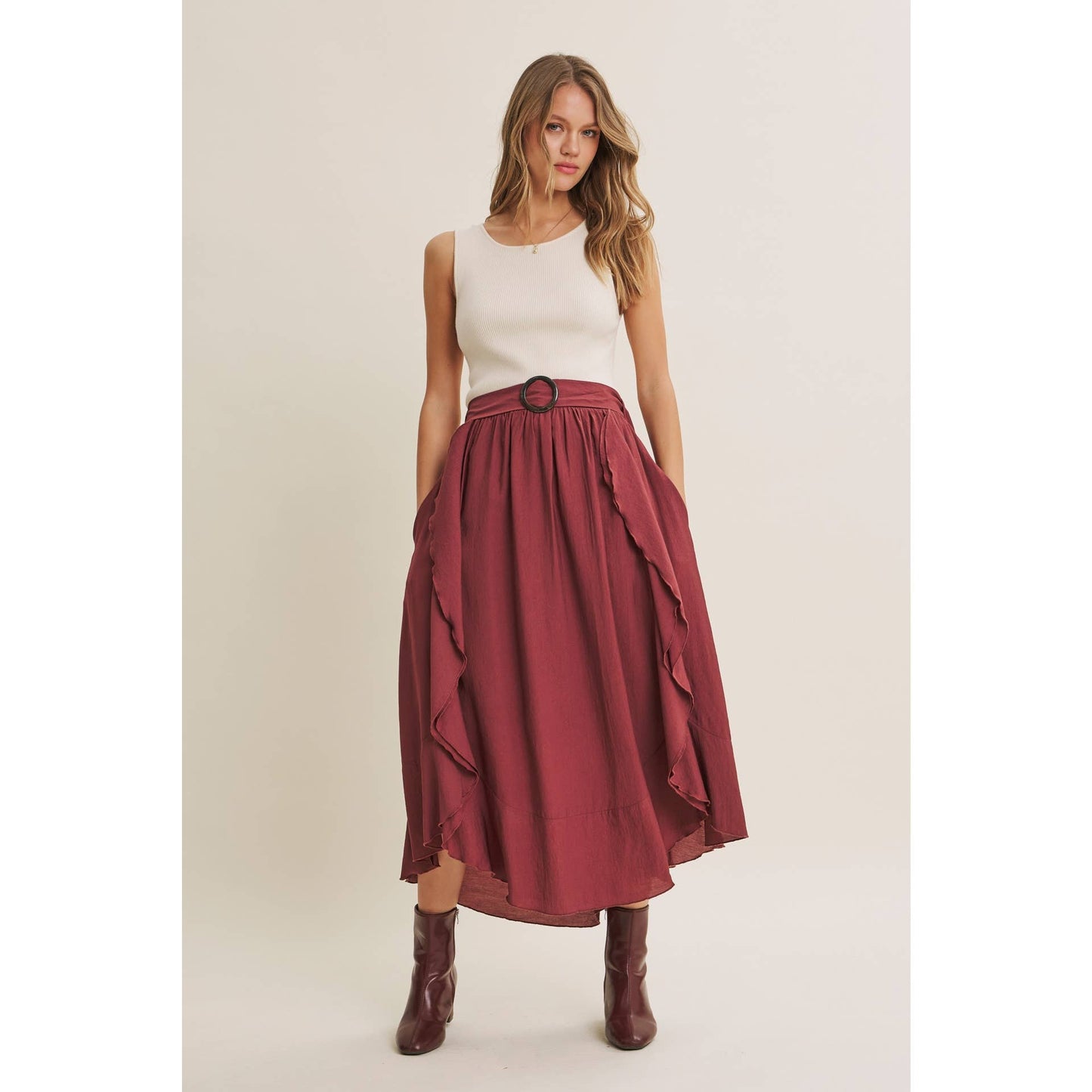 RUSTIC WEEKEND TWOFER MAXI DRESS WITH CASCADING RUFFLES: COCONUT BROWN / S