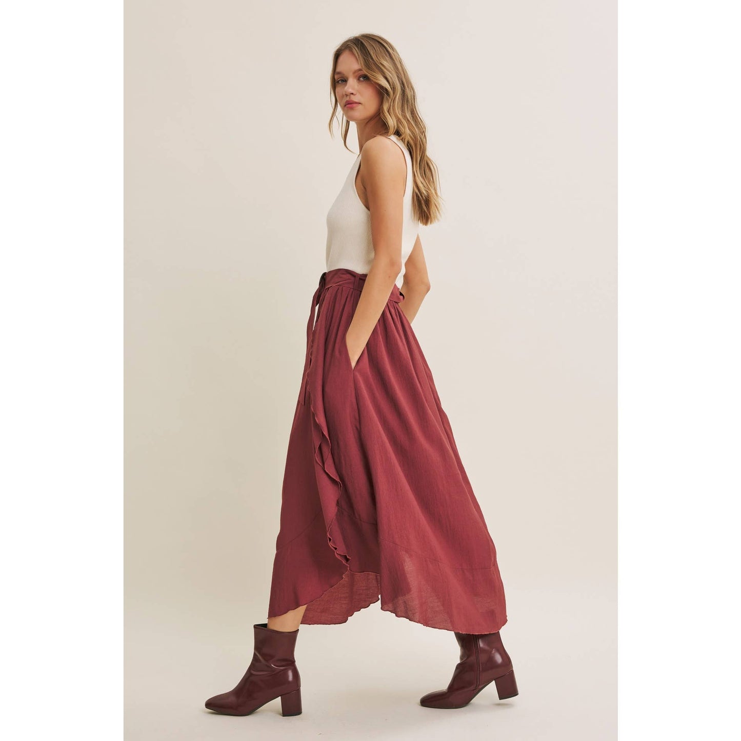 RUSTIC WEEKEND TWOFER MAXI DRESS WITH CASCADING RUFFLES: COCONUT BROWN / S