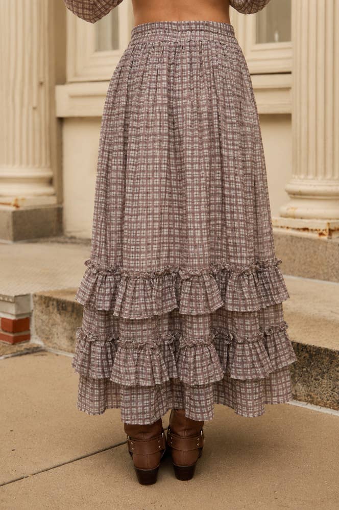 PLAID RUFFLED TIERED HEM MIDI SKIRT: BROWN