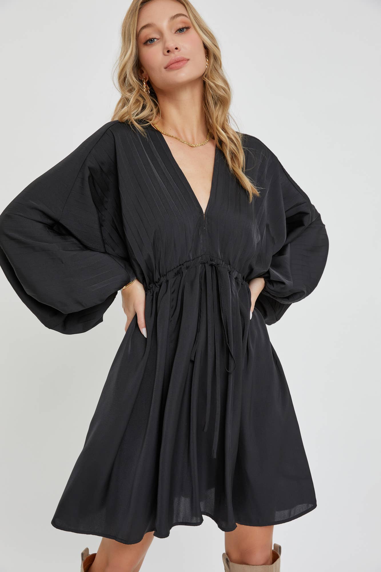Black Satin V Neck Dress