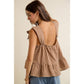 GINGHAM FLORAL APPLIQUE TIERD SLEEVELESS BLOUSE TOP: BROWN / M