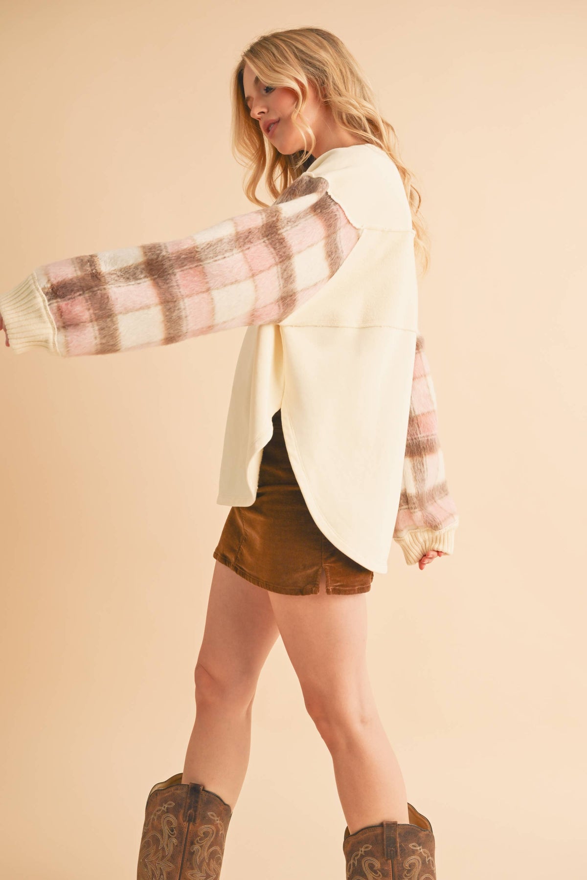 9103FK Malva Plaid Pullover Sweater: Slate Blue / Contemporary / S
