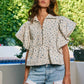 IT2337F | Ruffle Sleeves Pintuck Detail Floral Print Top: SAND/BLUE / S-M-L (2-2-2)