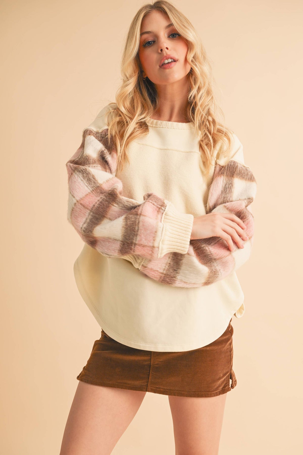 9103FK Malva Plaid Pullover Sweater: Slate Blue / Contemporary / S