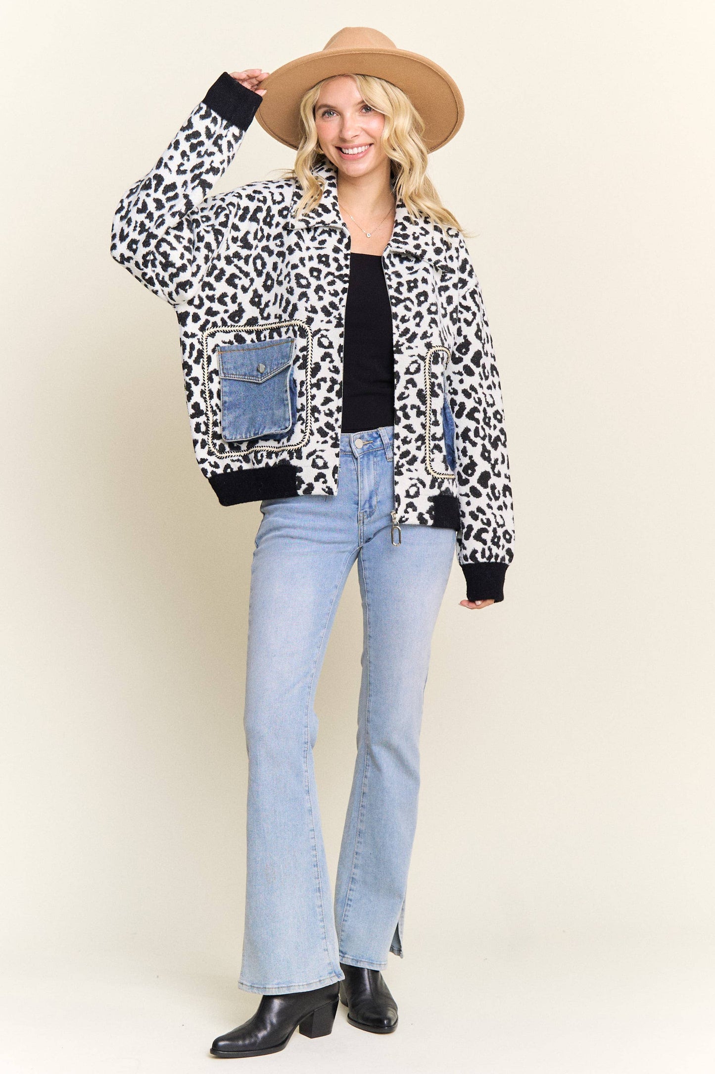 LESW4150-LEOPARD PRINT JACKET WITH DENIM POCKETS: Brown / ONESIZE(6)