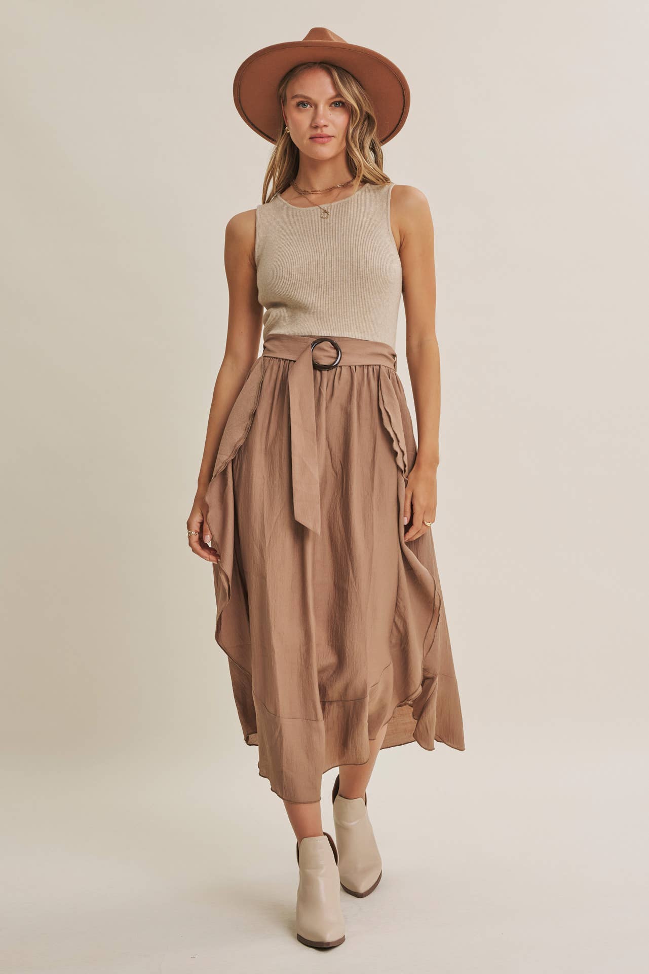 RUSTIC WEEKEND TWOFER MAXI DRESS WITH CASCADING RUFFLES: COCONUT BROWN / S