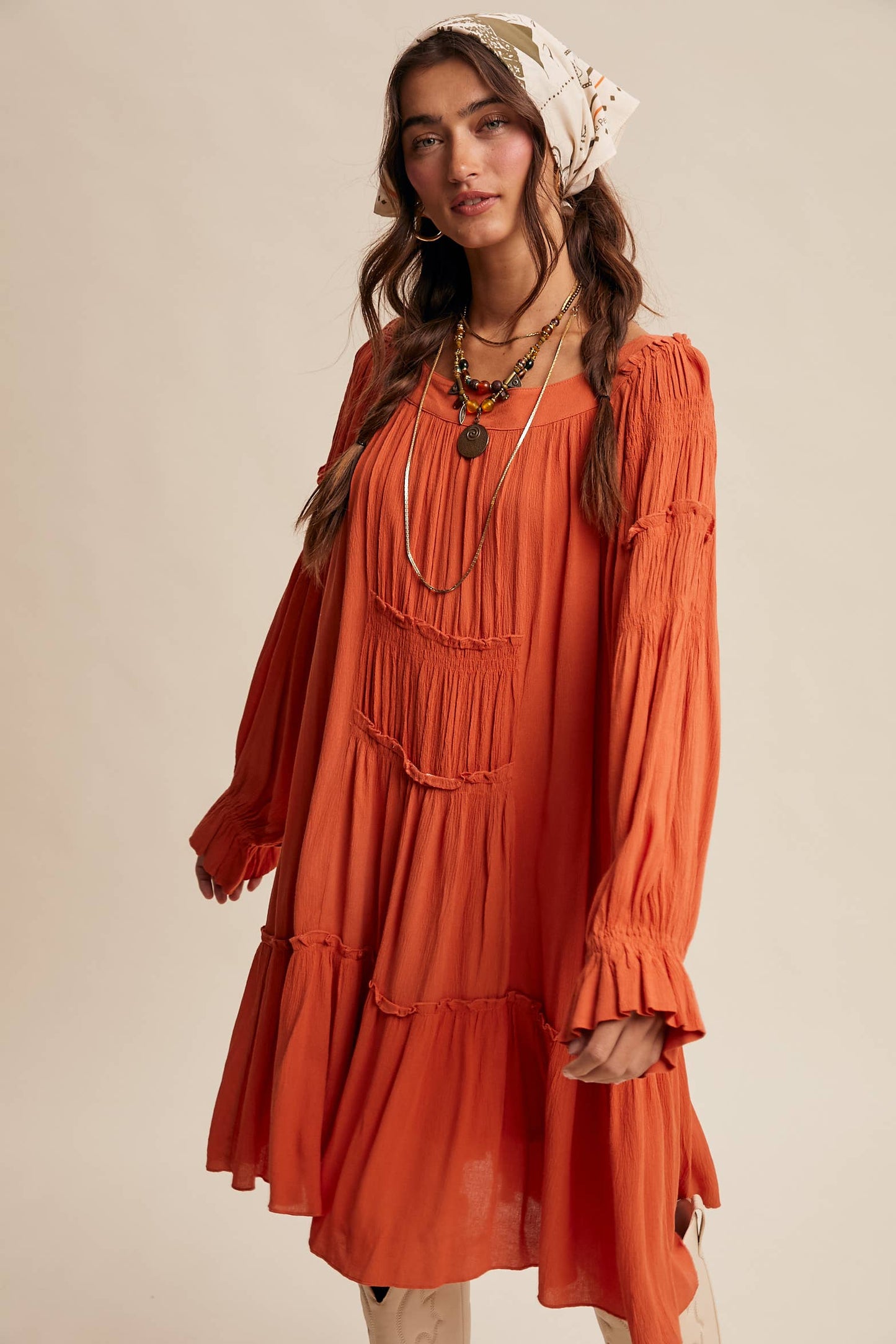 Rust Smocked Tiered Dress