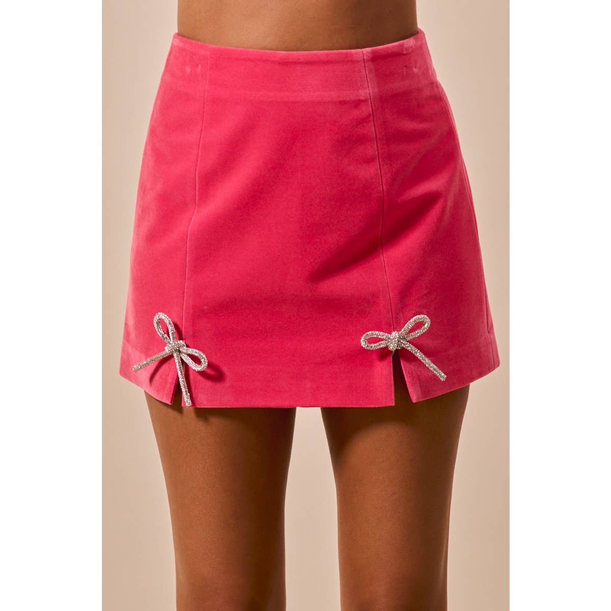CHRISTMAS RHINESTONE RIBBON TRIM HOLIDAY VELVET MINI SKIRT: PINK / XL