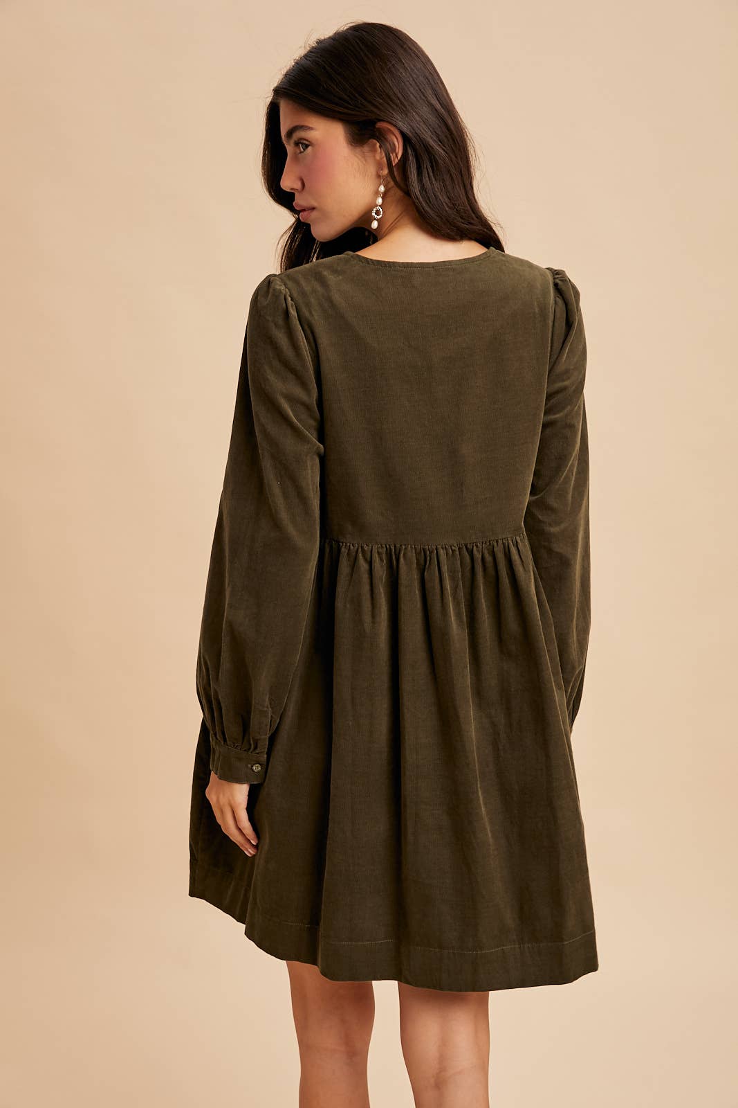 BOW TIE CORDUROY MINI DRESS: OLIVE / S