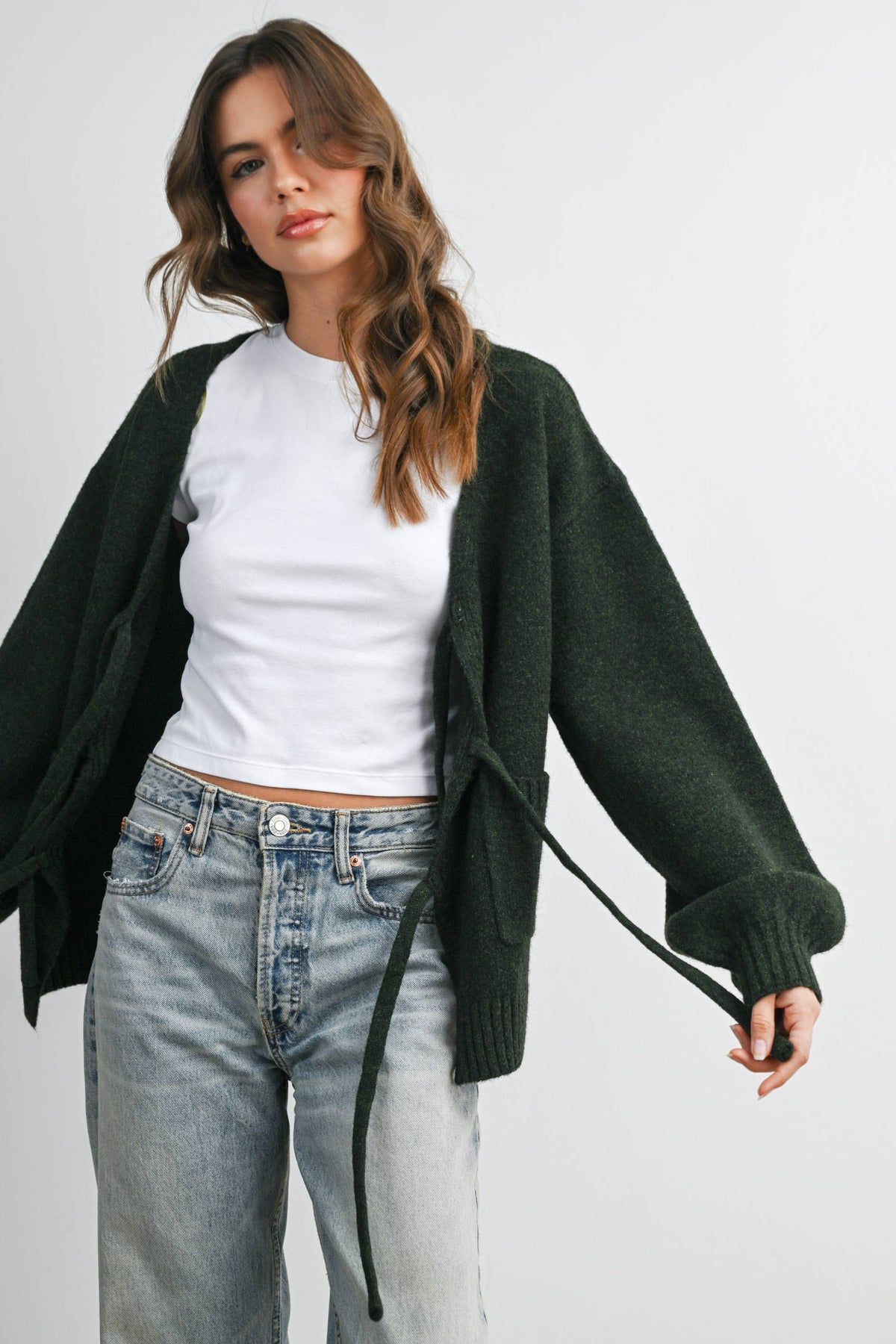 Knot Front Long Sleeve V-Neck Cardigan - BMC7914: TAUPE / S