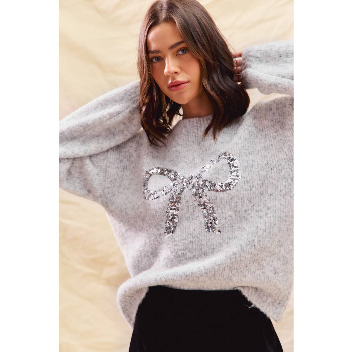 RIBBON SEQUINS CHRISTMAS HOLIDAY SWEATER TOP: LT GREY/SILVER / S