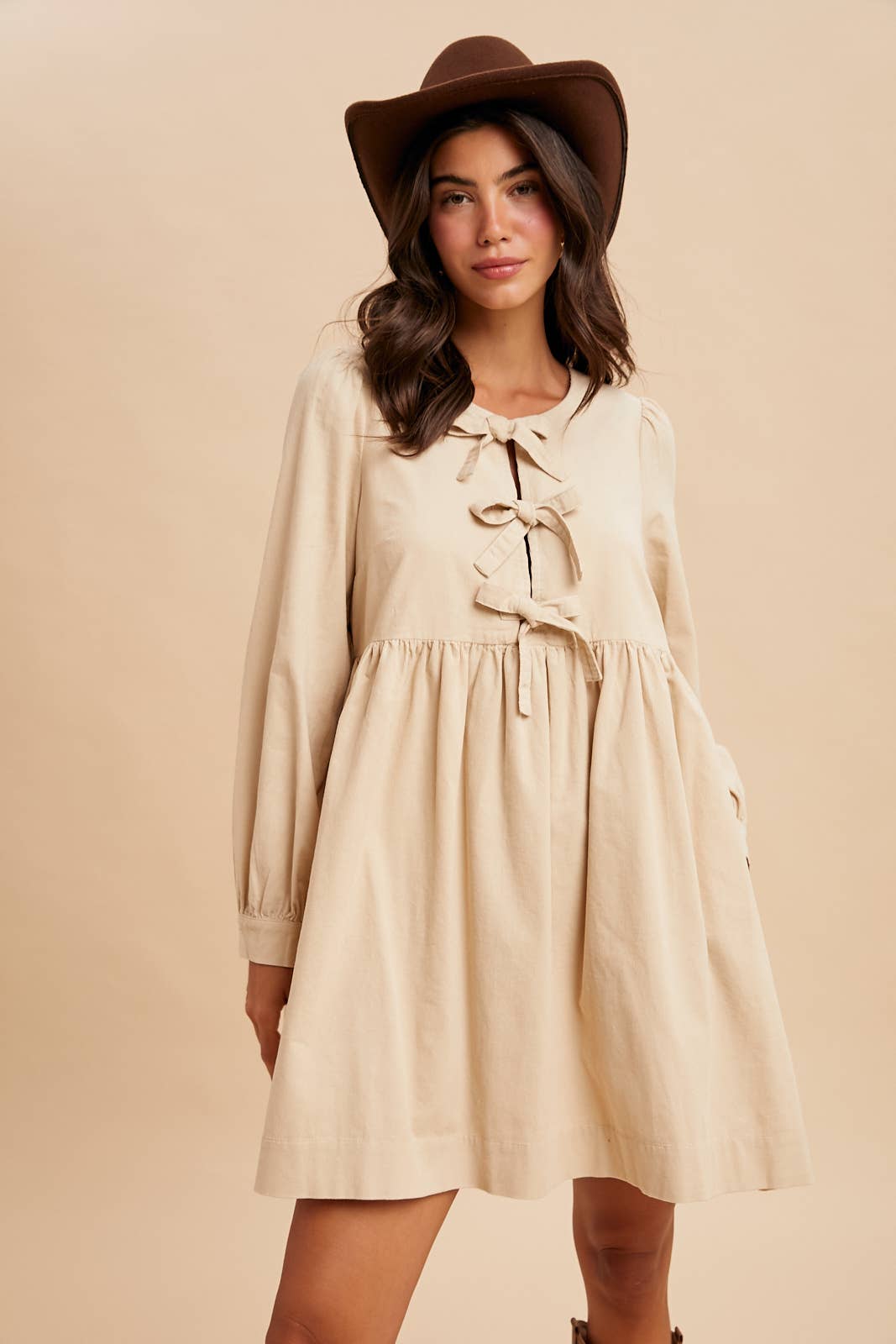 BOW TIE CORDUROY MINI DRESS: OLIVE / S