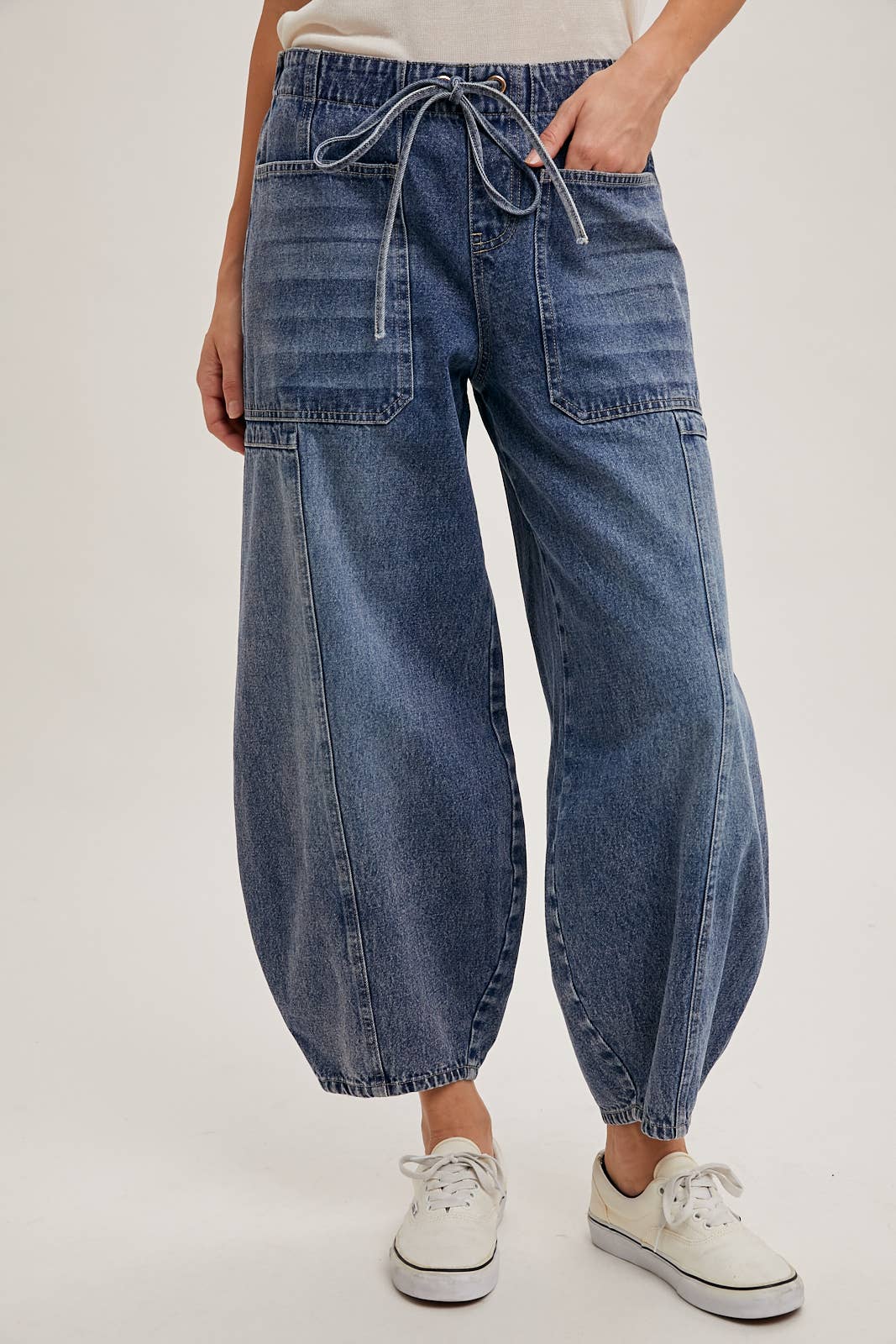 DENIM MID-WAIST DRAWSTRINGS BARREL JEANS: LT.WASH / S