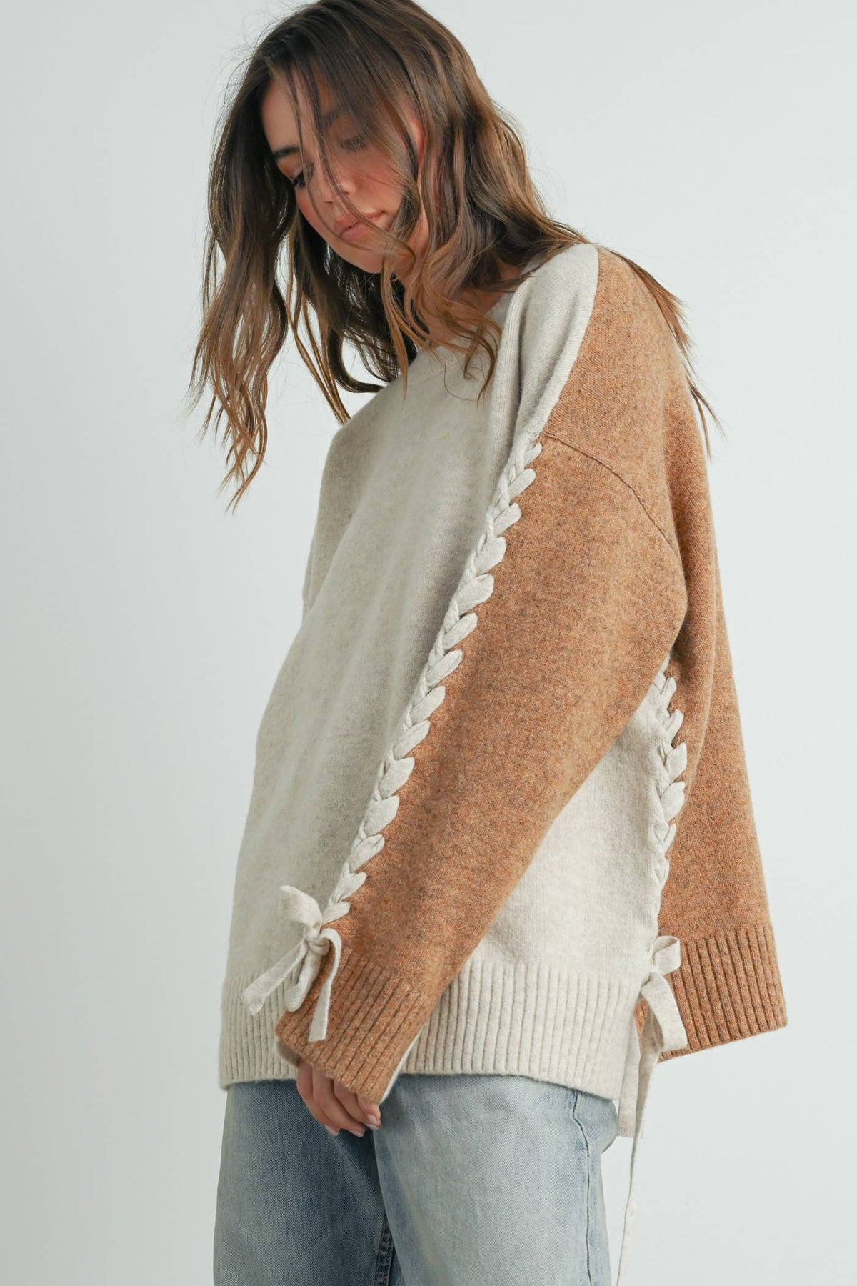 Crew Neck Long Sleeve Pullover Sweater - BMW7587: TAUPE MULTI / S