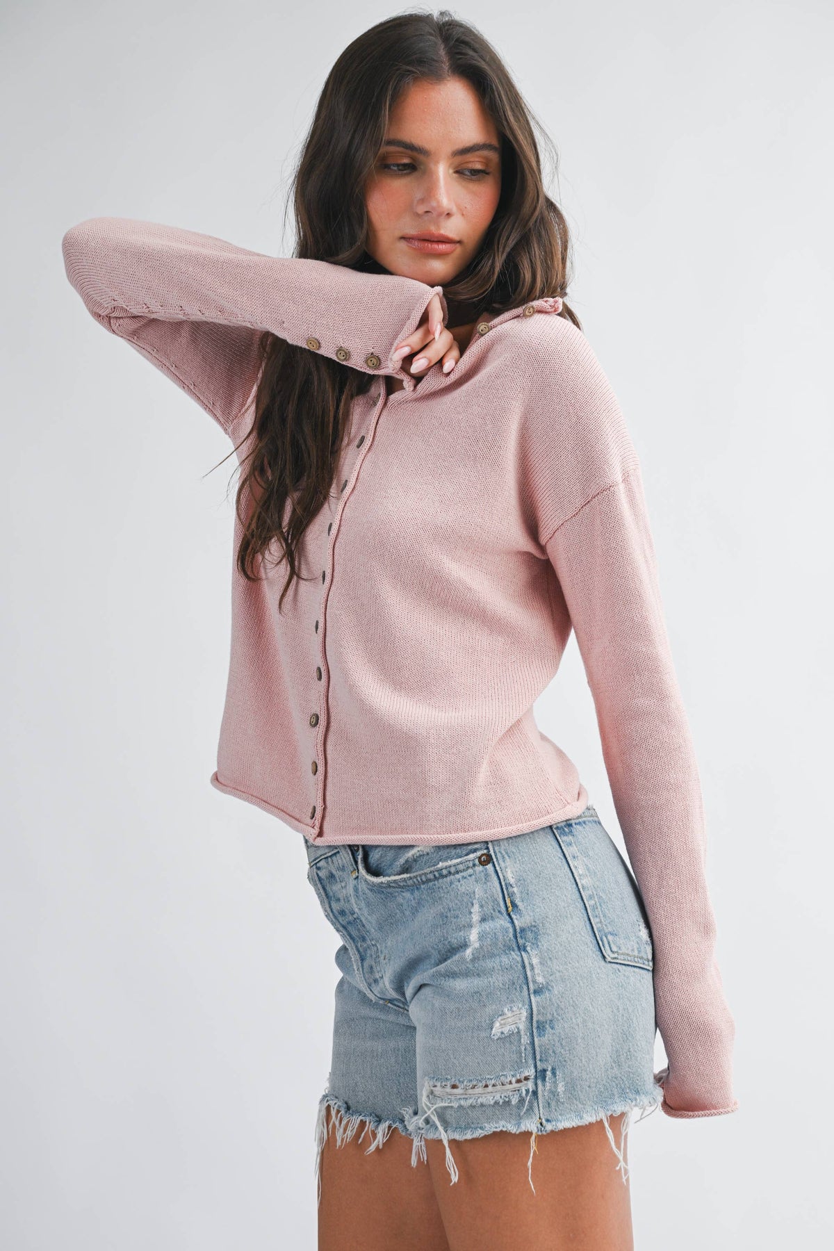 5221HK Button Front Cropped Knit Cardigan: Pink / Contemporary / M