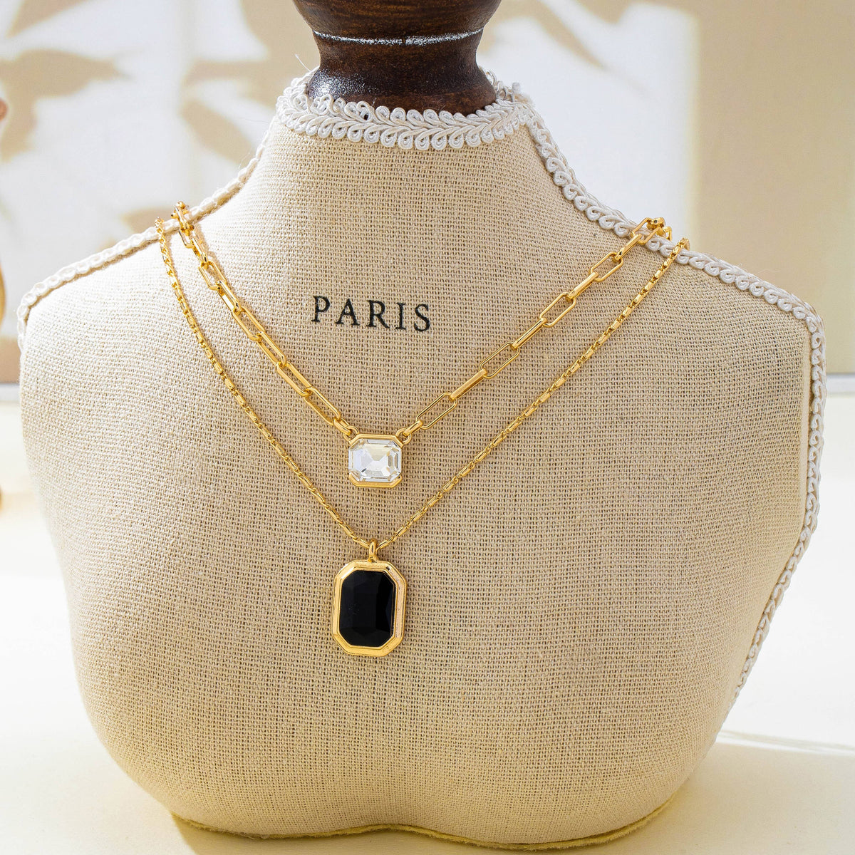 Layered Paperclip Chain Double Gemstone Necklace | 80N93798: GOLD