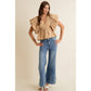POLKA DOT BUBBLE SLEEVES BACK SMOCKED LINED BLOUSE TOP: BEIGE/WHITE / L