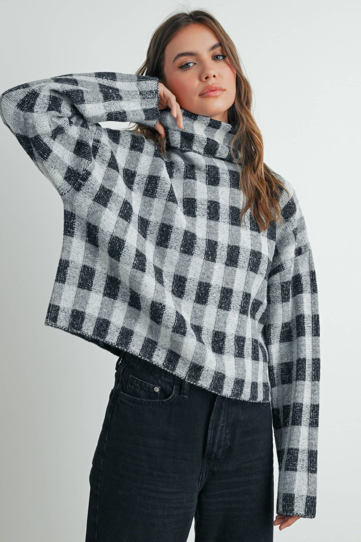 Fall Check Turtleneck Sweater - BMW7532: TAUPE MULTI / S
