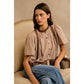 COTTON CHECK LACE TRIM FLUTTER SLEEVES BLOUSE TOP: BROWN / L