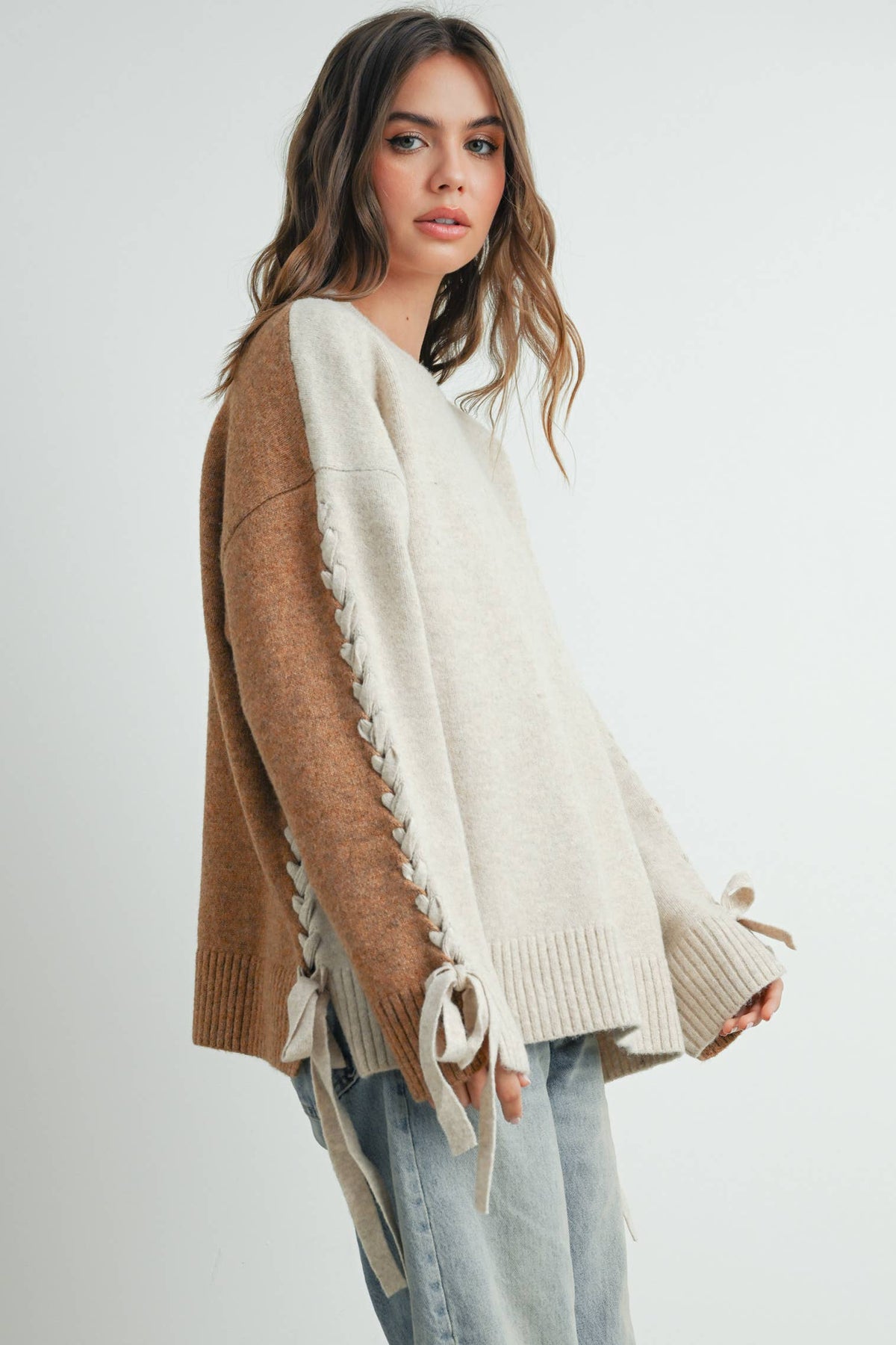 Crew Neck Long Sleeve Pullover Sweater - BMW7587: TAUPE MULTI / L