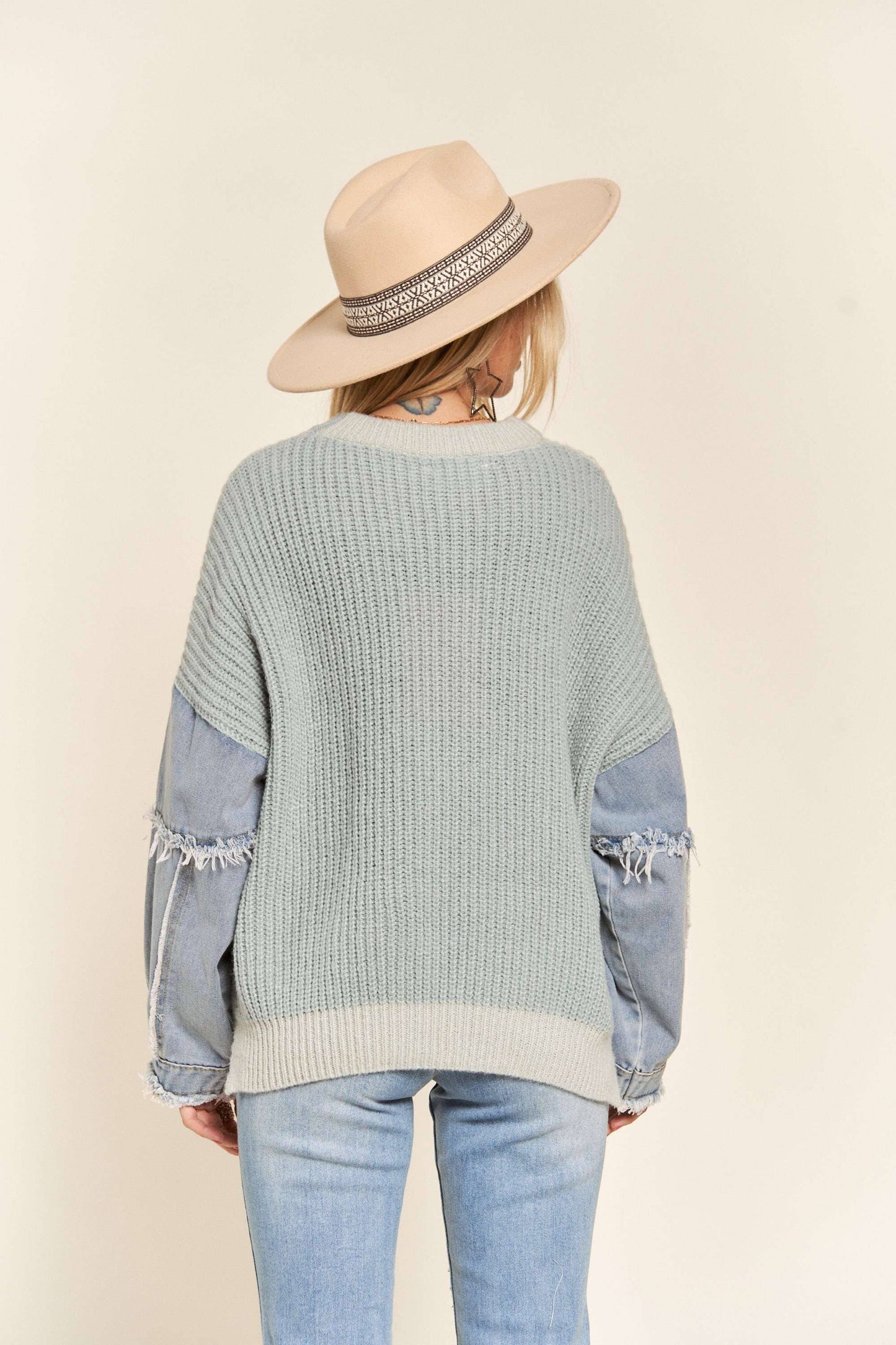 LESW3192 - FRAYED DENIM SLEEVE SWEATER TOP: BLUSH / S-M-L(2-2-2)