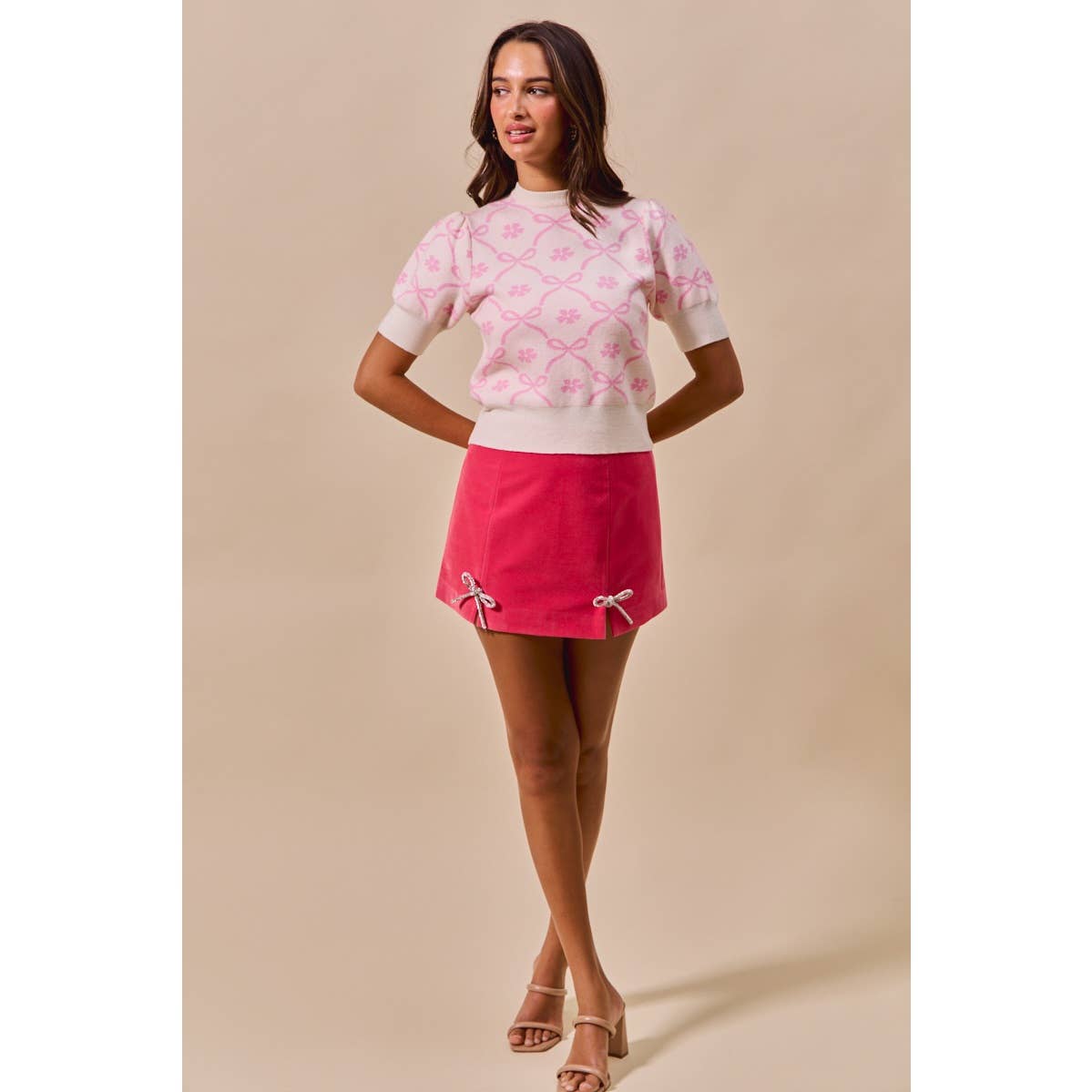 CHRISTMAS RHINESTONE RIBBON TRIM HOLIDAY VELVET MINI SKIRT: PINK / XL