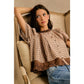 COTTON CHECK LACE TRIM FLUTTER SLEEVES BLOUSE TOP: BROWN / L