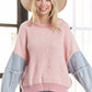 LESW3192 - FRAYED DENIM SLEEVE SWEATER TOP: BLUSH / S-M-L(2-2-2)